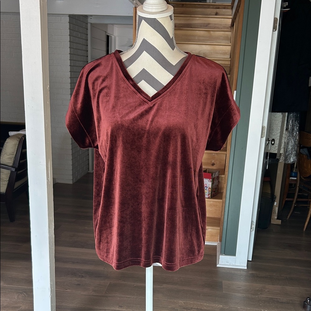 Sanctuary Velvet Holiday V-Neck Top in Rich Burgundy Size Medium